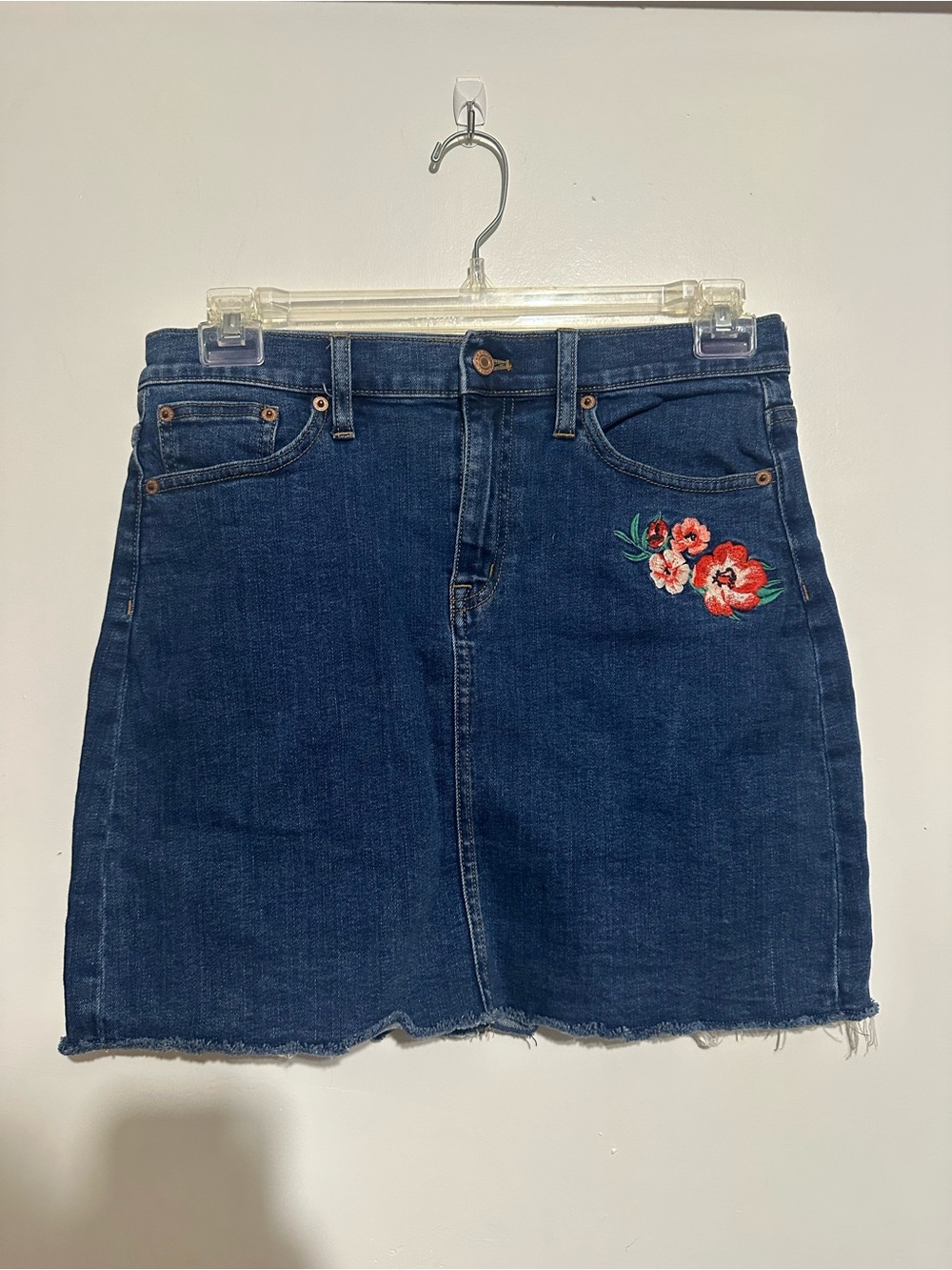 J. Crew Dark Blue Denim Mini Skirt with Red Floral Embroidery
